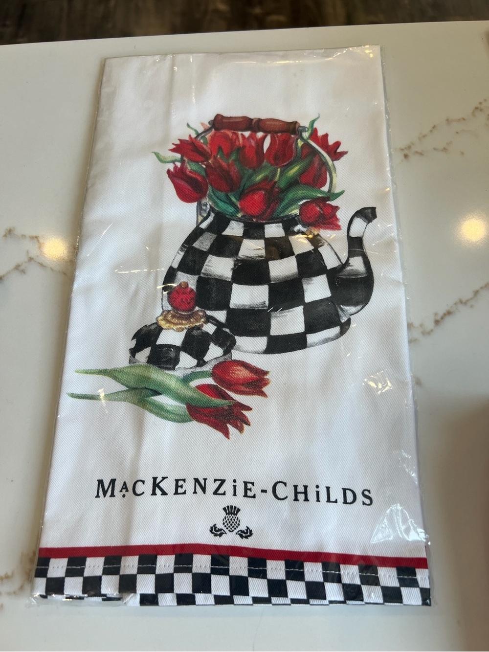 MacKenzie-Childs Black & White Check Teapot Towel with Red Tulips